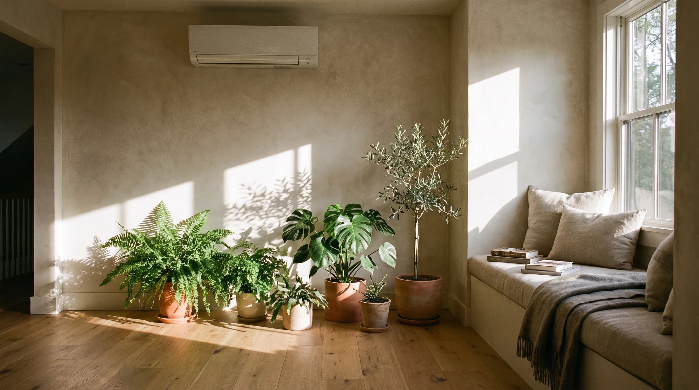 Finished refit with a wall-mounted heat pump head over new hardwood, the after photo customers write about