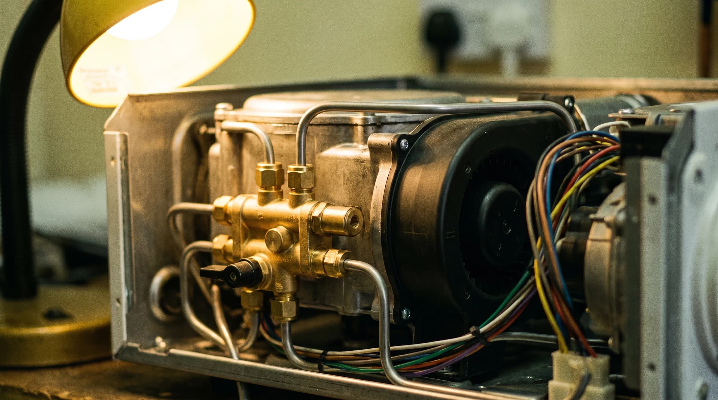 Combi boiler internals: hydraulic block, fan, and controls in macro depth