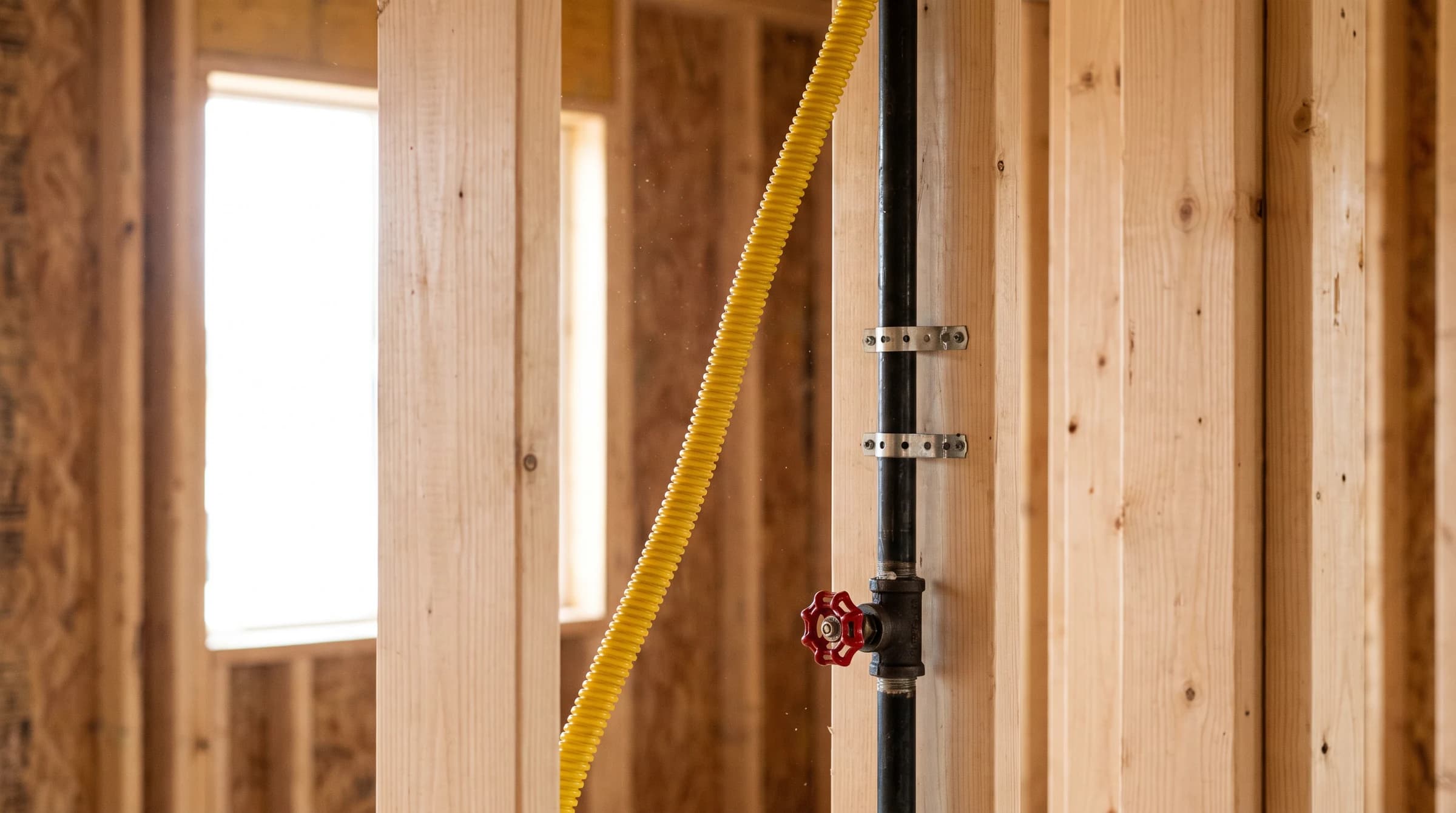 Yellow CSST and black iron gas drop roughed into a framed wall in daylight