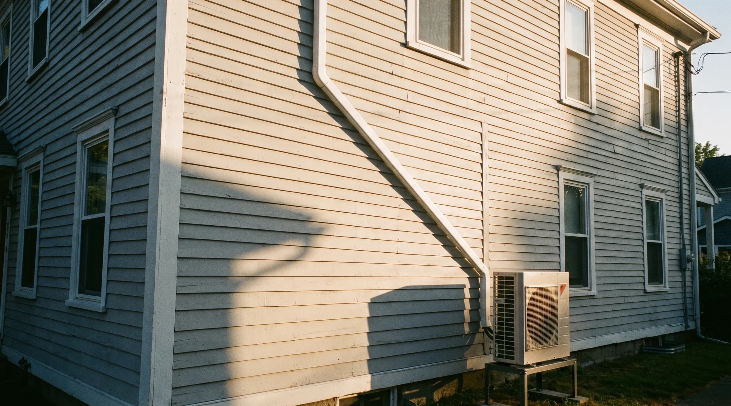 Line-hide channel descending two stories of clapboard to a condenser in late sun
