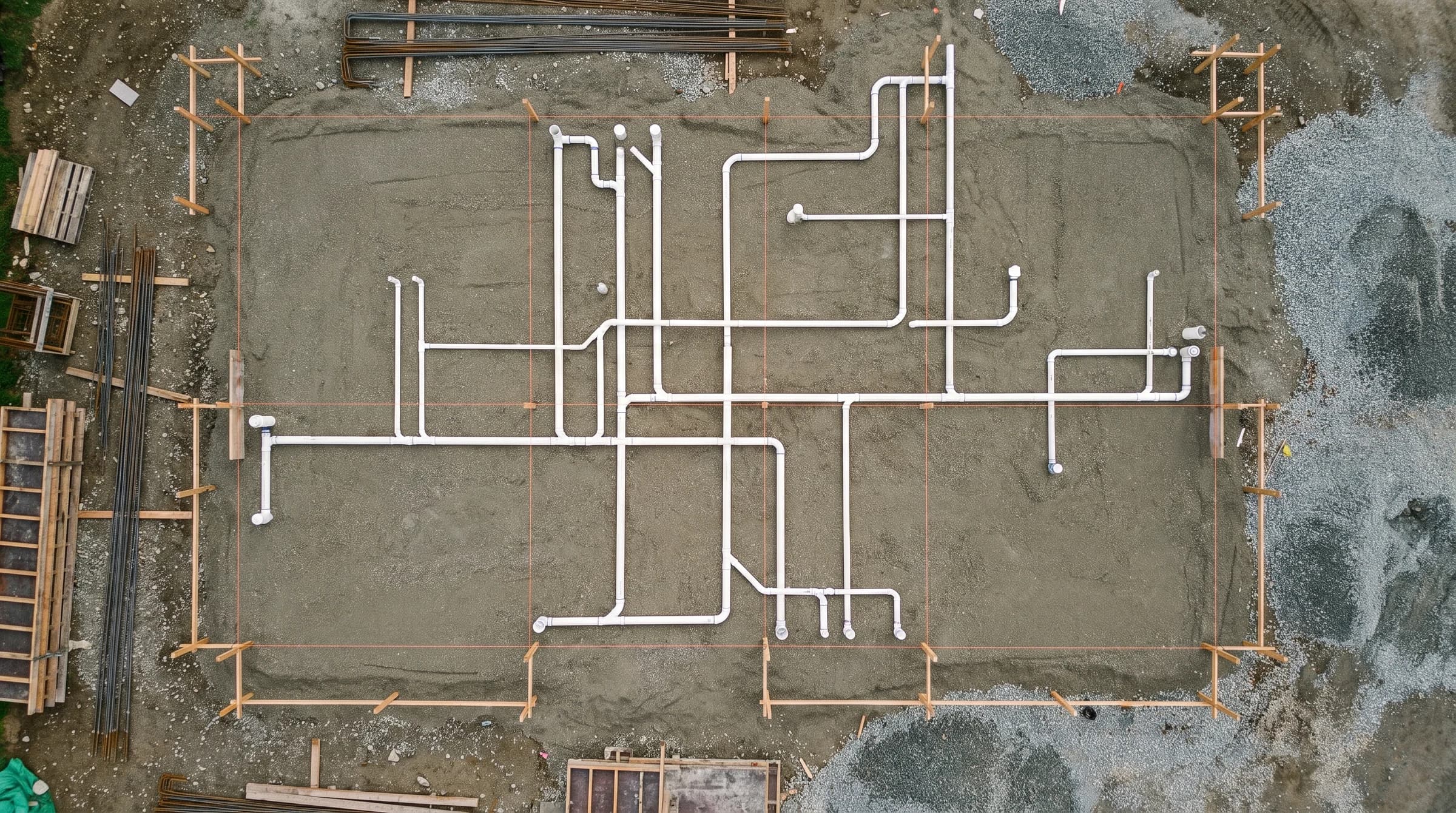 Under-slab PVC drain layout in graded gravel before the pour, top-down geometry