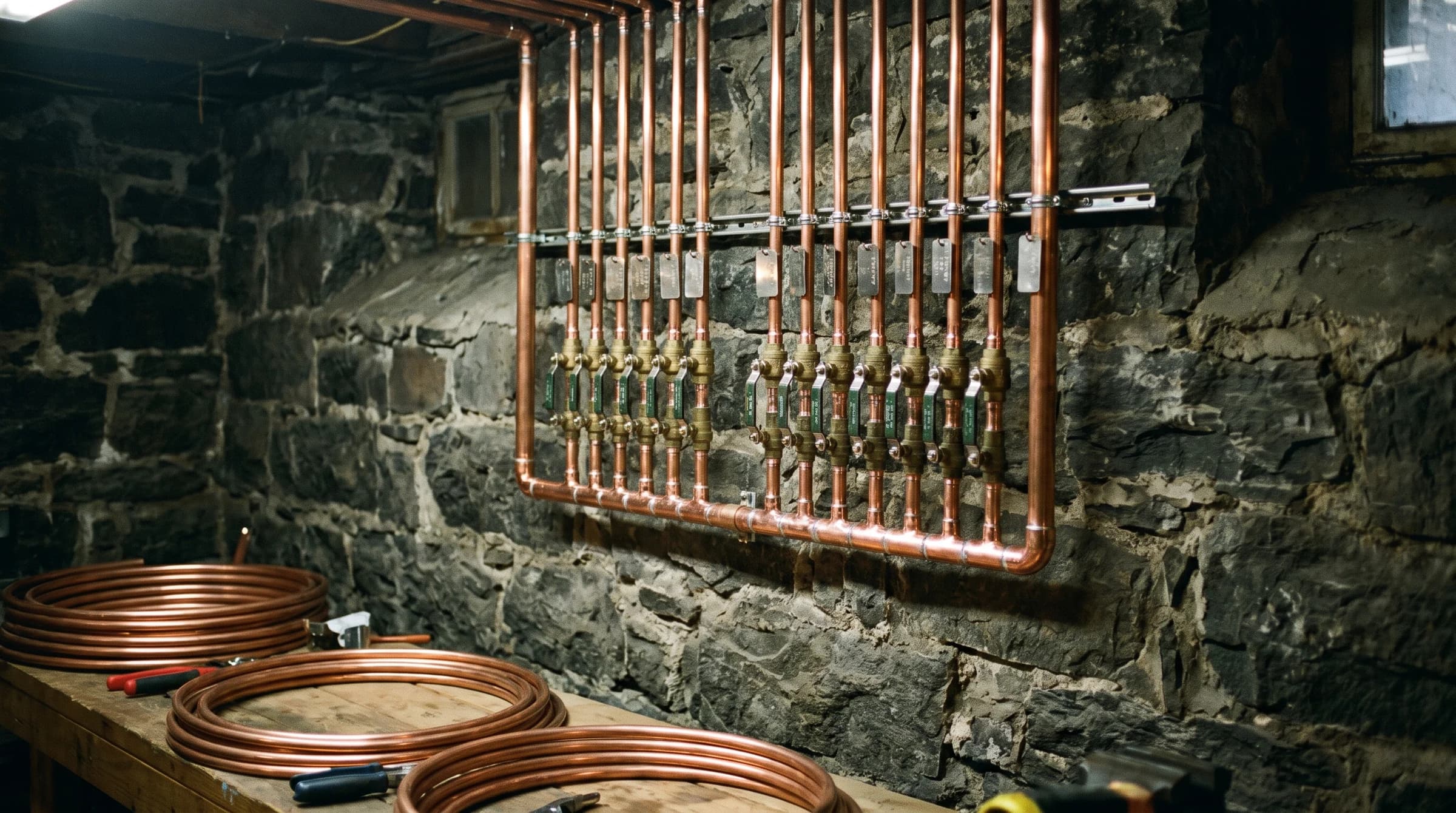 Technician checking pressure on a newly piped boiler in a Dover basement