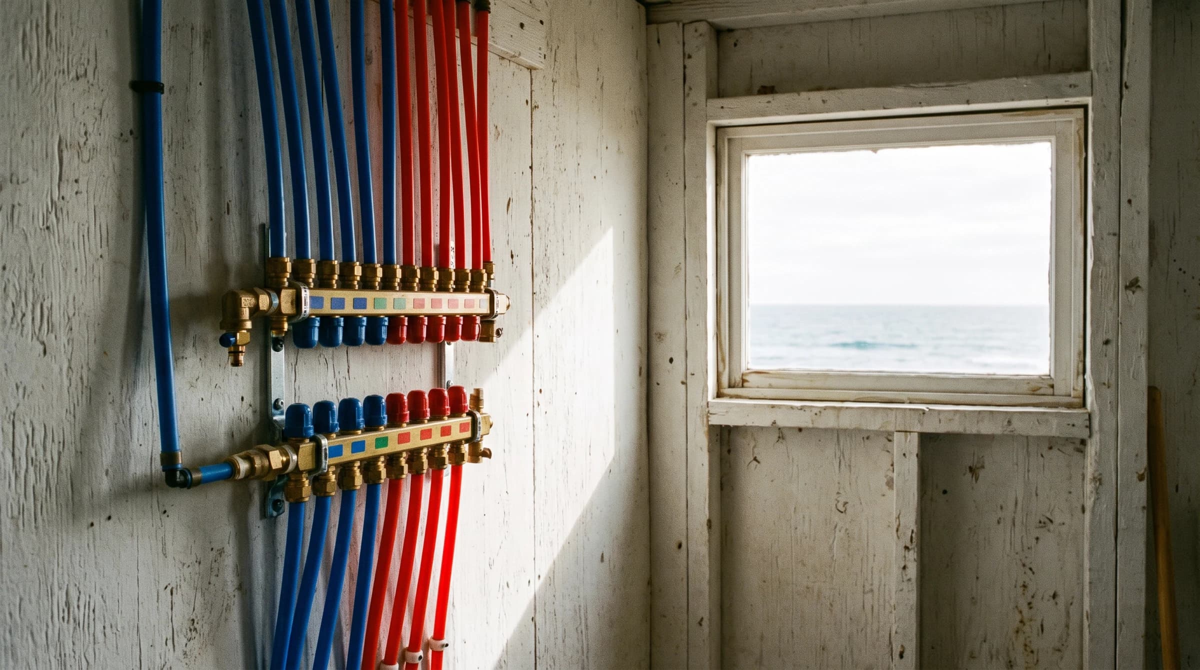 Heat pump condenser raised on a coastal stand behind a Kittery shingled home