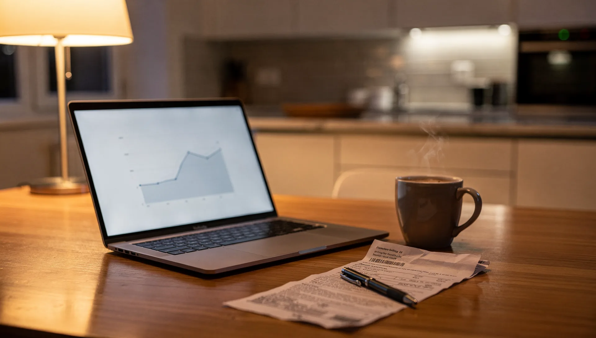 Kitchen table at dusk with a laptop, a utility bill and a coffee mug, the quiet moment of working out whether a system swap is affordable