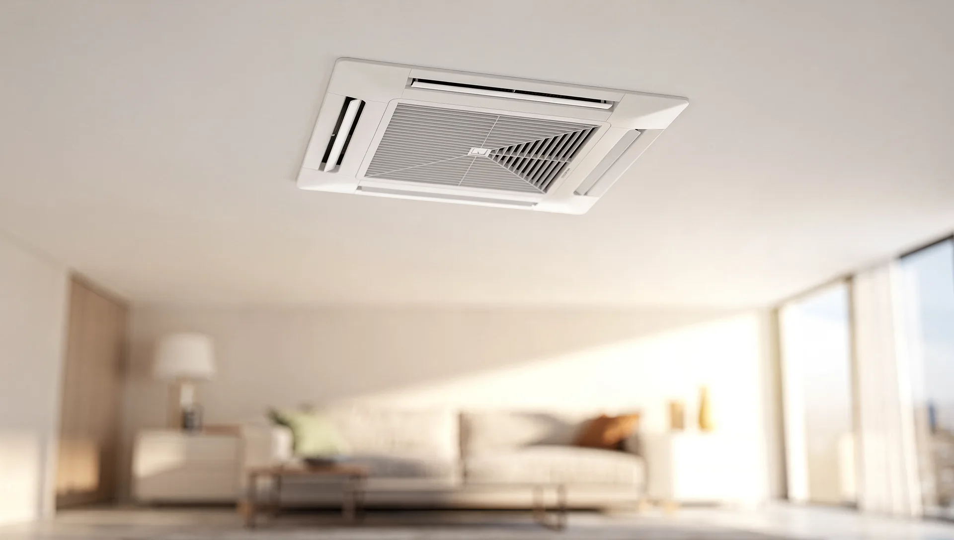 Four-way ceiling cassette recessed flush into a white ceiling above a bright living room