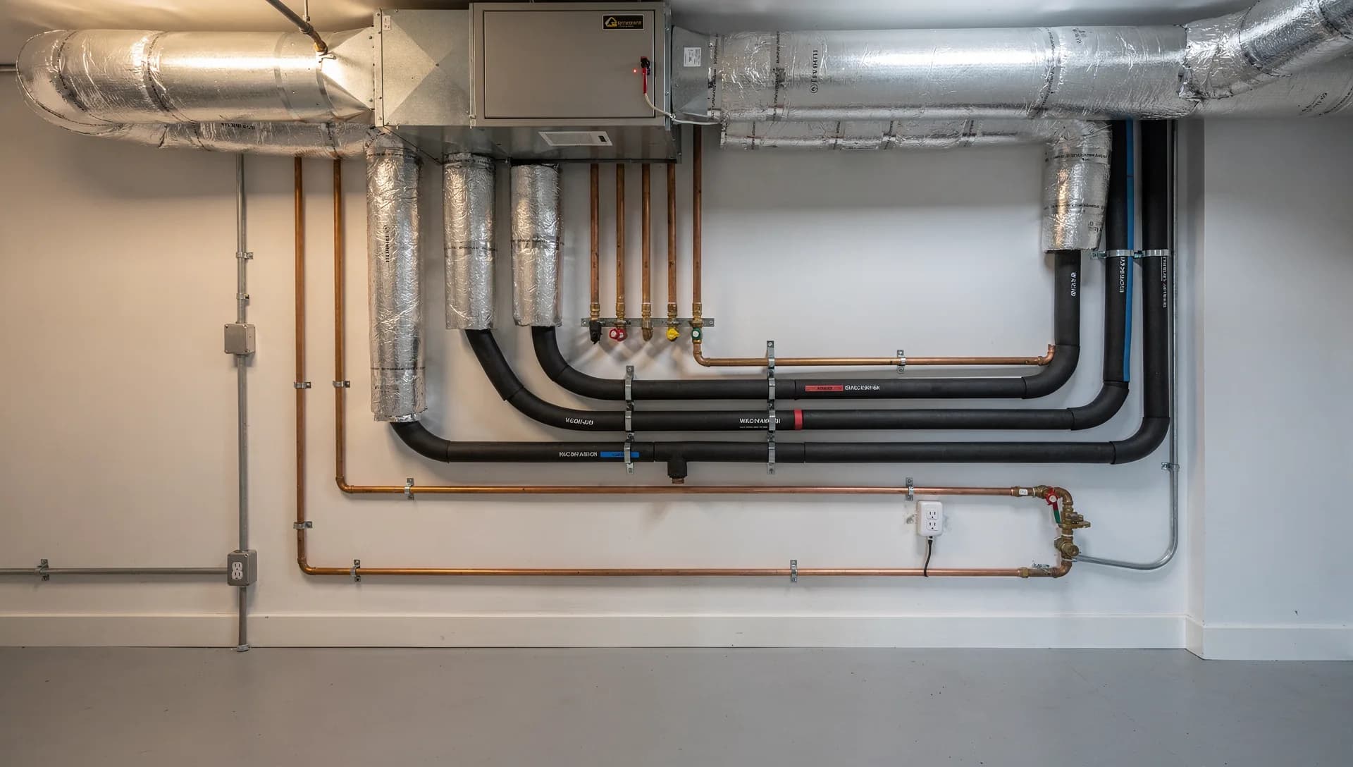 Concealed ducted air handler with insulated ductwork and copper linesets in a tidy mechanical closet