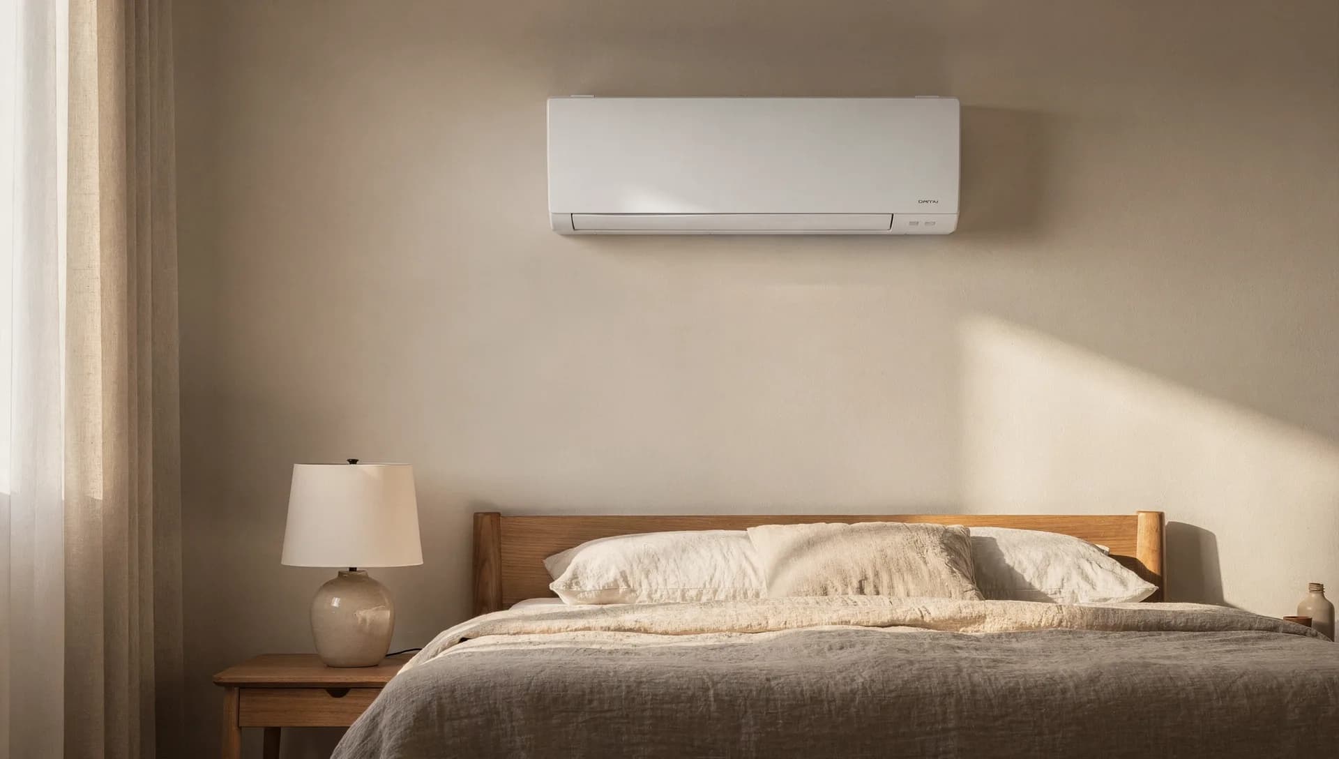 Slim white wall-mounted ductless head installed high on a bedroom wall in morning light