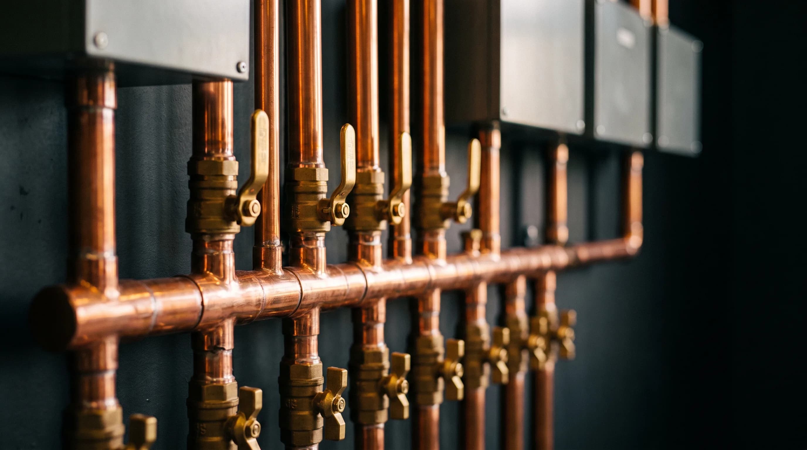 Gleaming finished copper manifold with bright solder joints and valve handles in aligned rows
