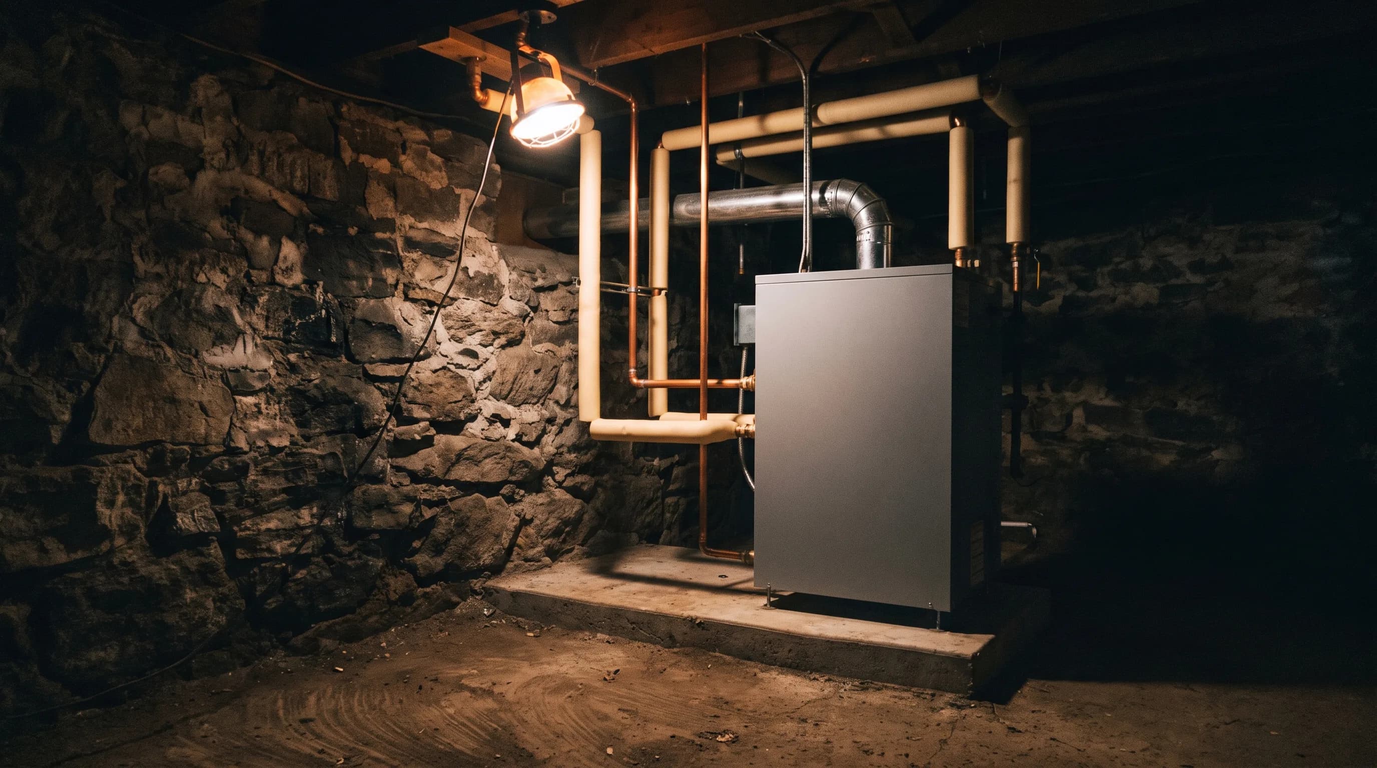 New boiler piped in copper against the fieldstone foundation wall of an older basement