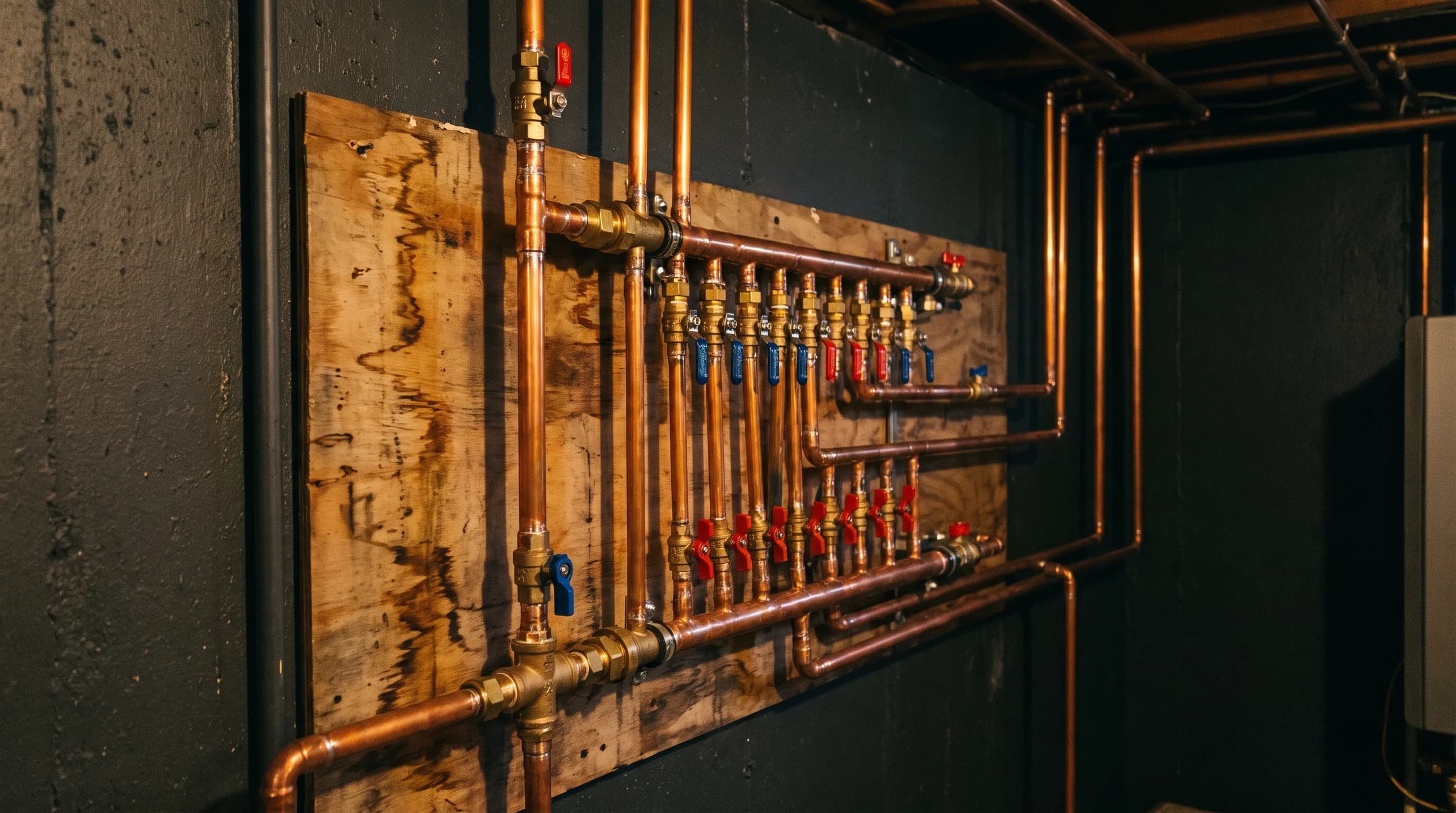 Copper hydronic manifold with red and blue valve handles mounted on a basement wall