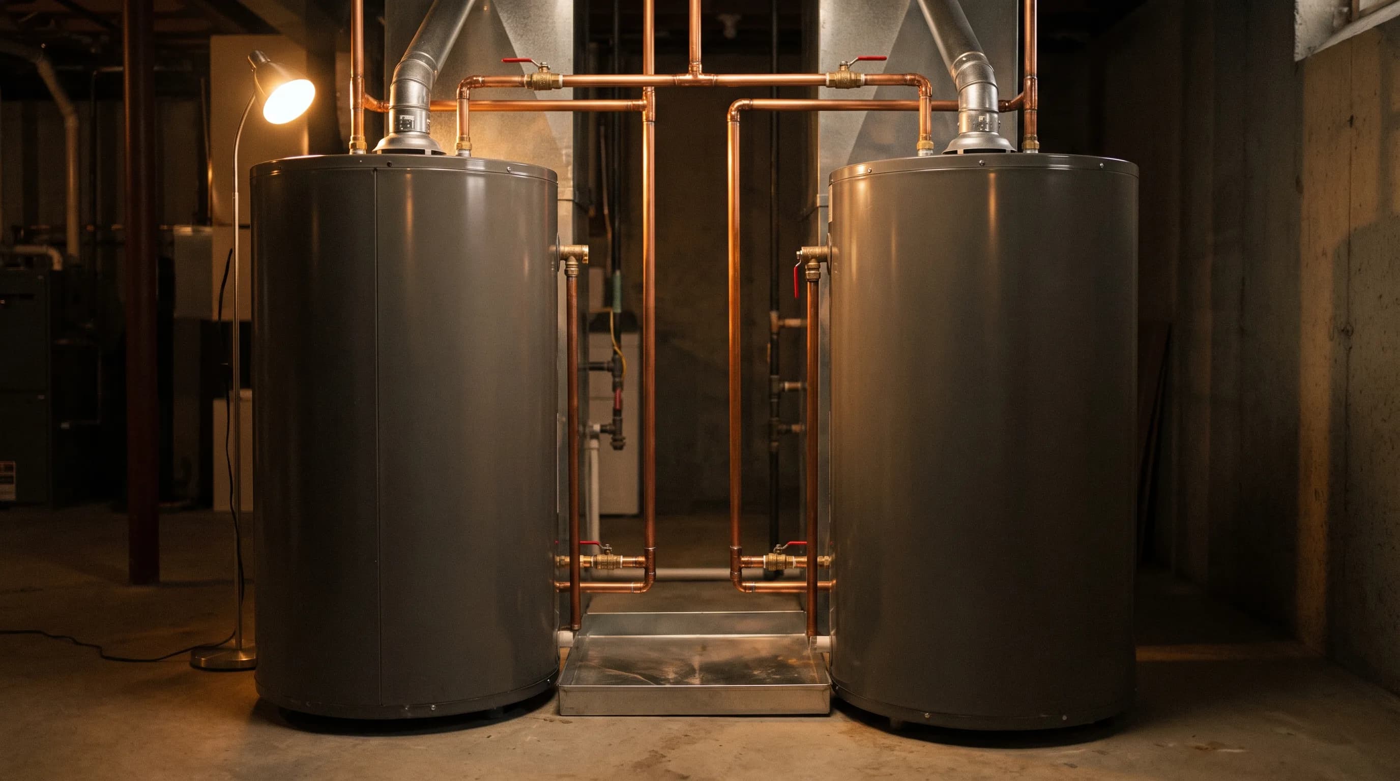 Two tank water heaters piped side by side with mirrored copper and shutoff valves