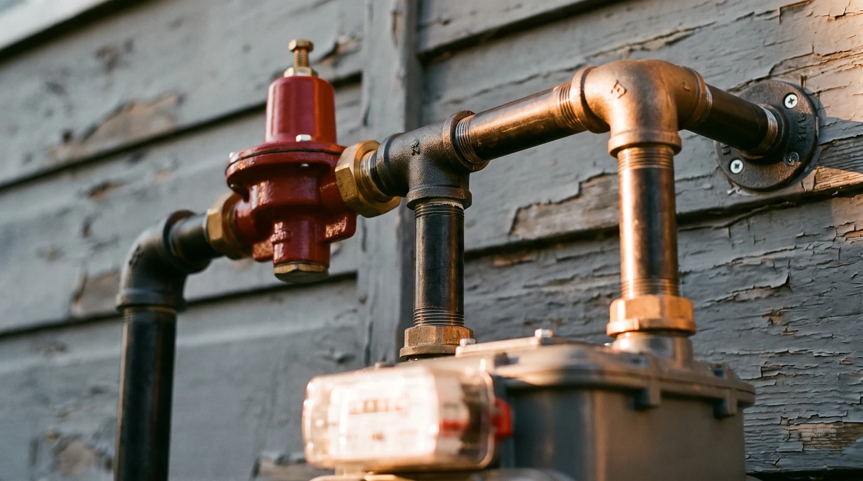 Residential gas meter and new black iron piping mounted against weathered gray siding