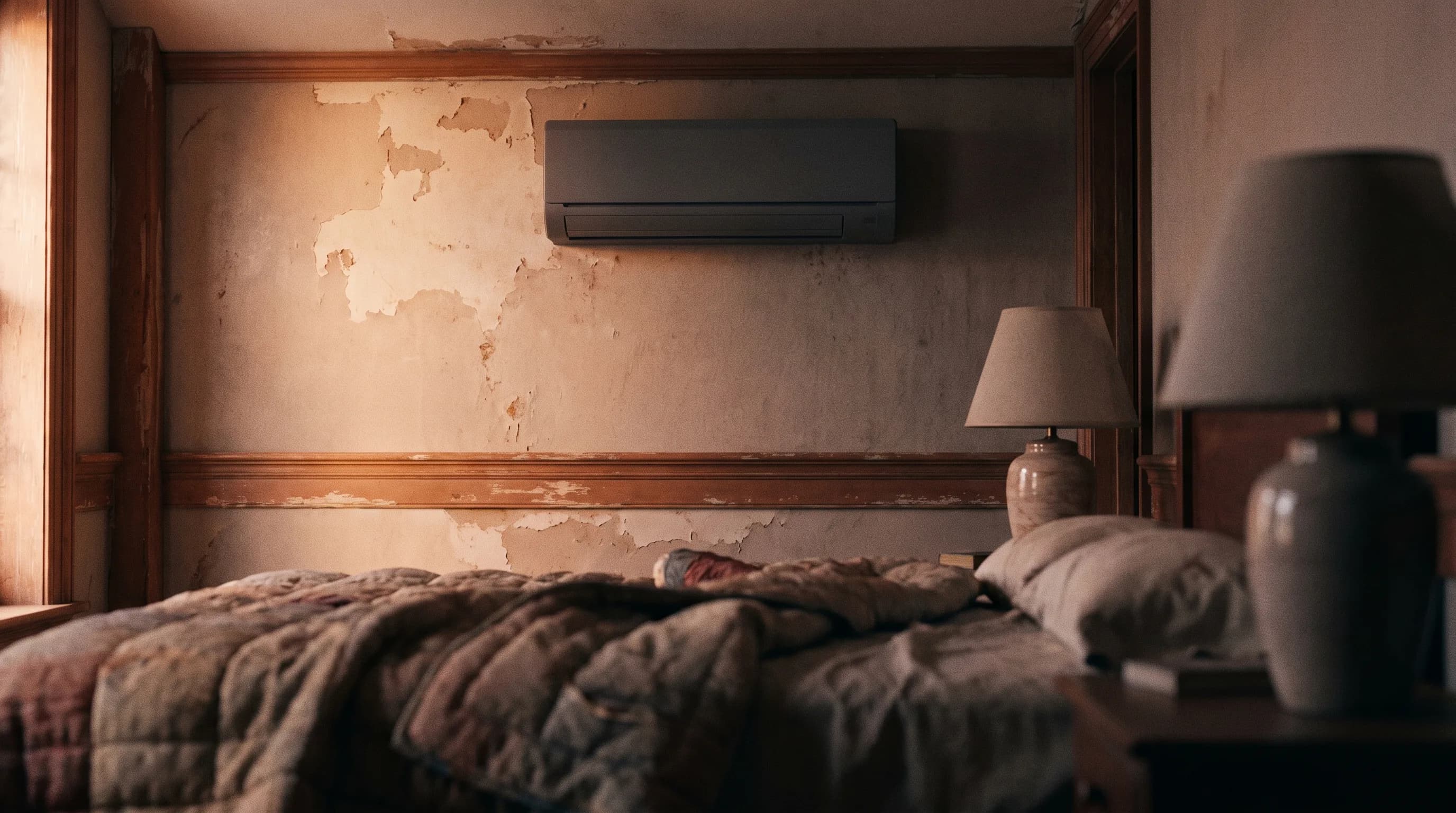 Ductless mini split head mounted above the window trim of a small bedroom in morning light