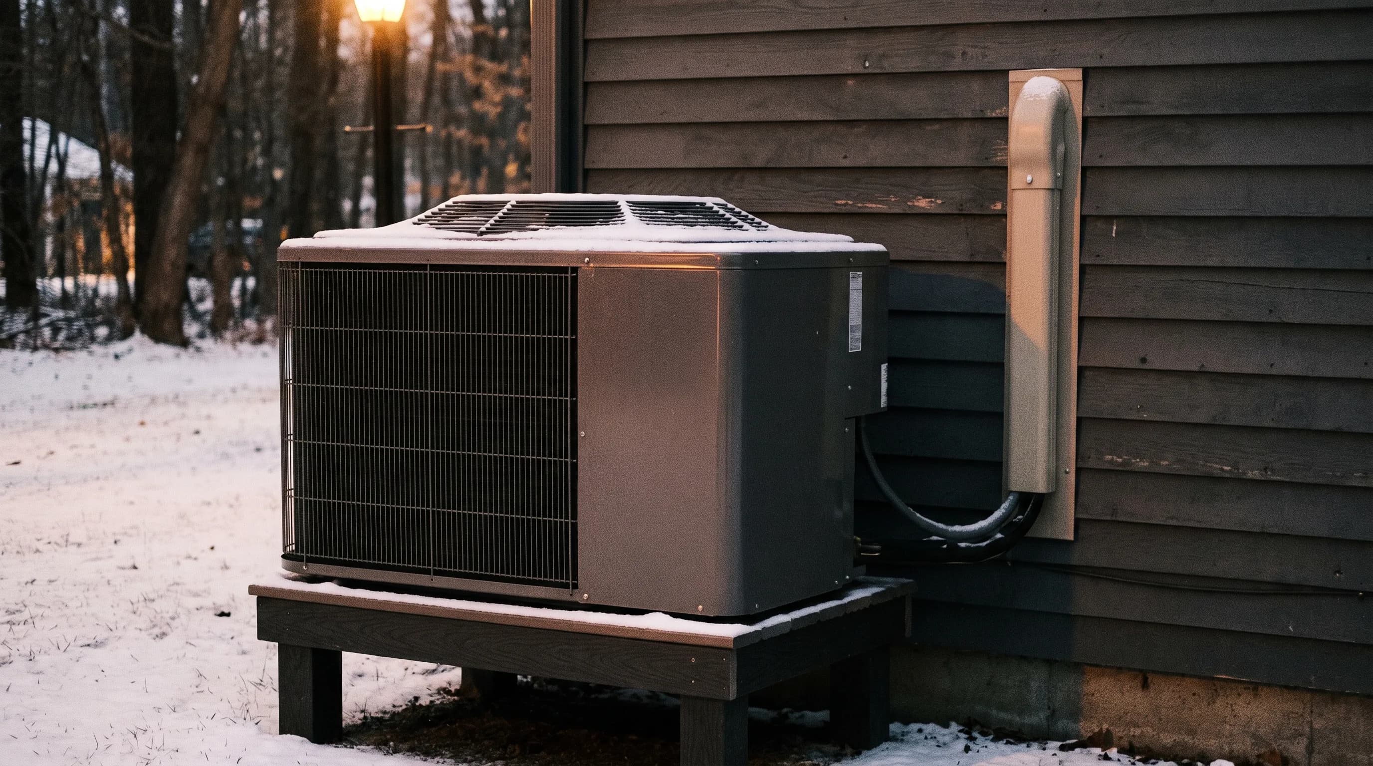 Cold-climate heat pump condenser on a stand beside a clapboard wall with light snow on the ground