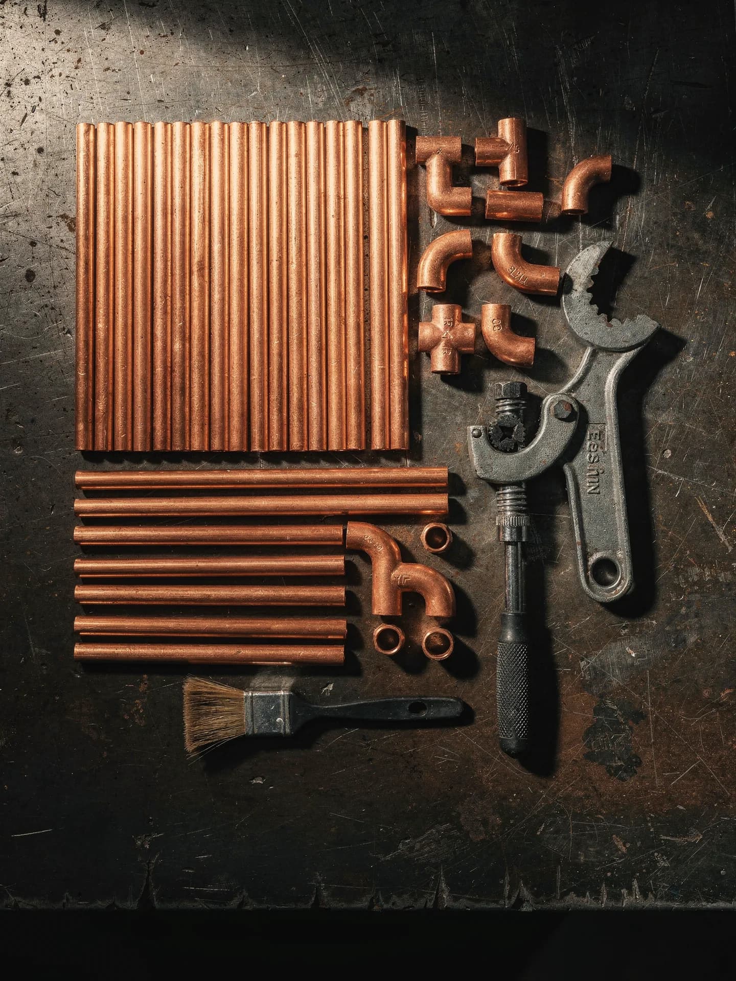 Copper tube sections, fittings, and hand tools laid out on a worn steel workbench