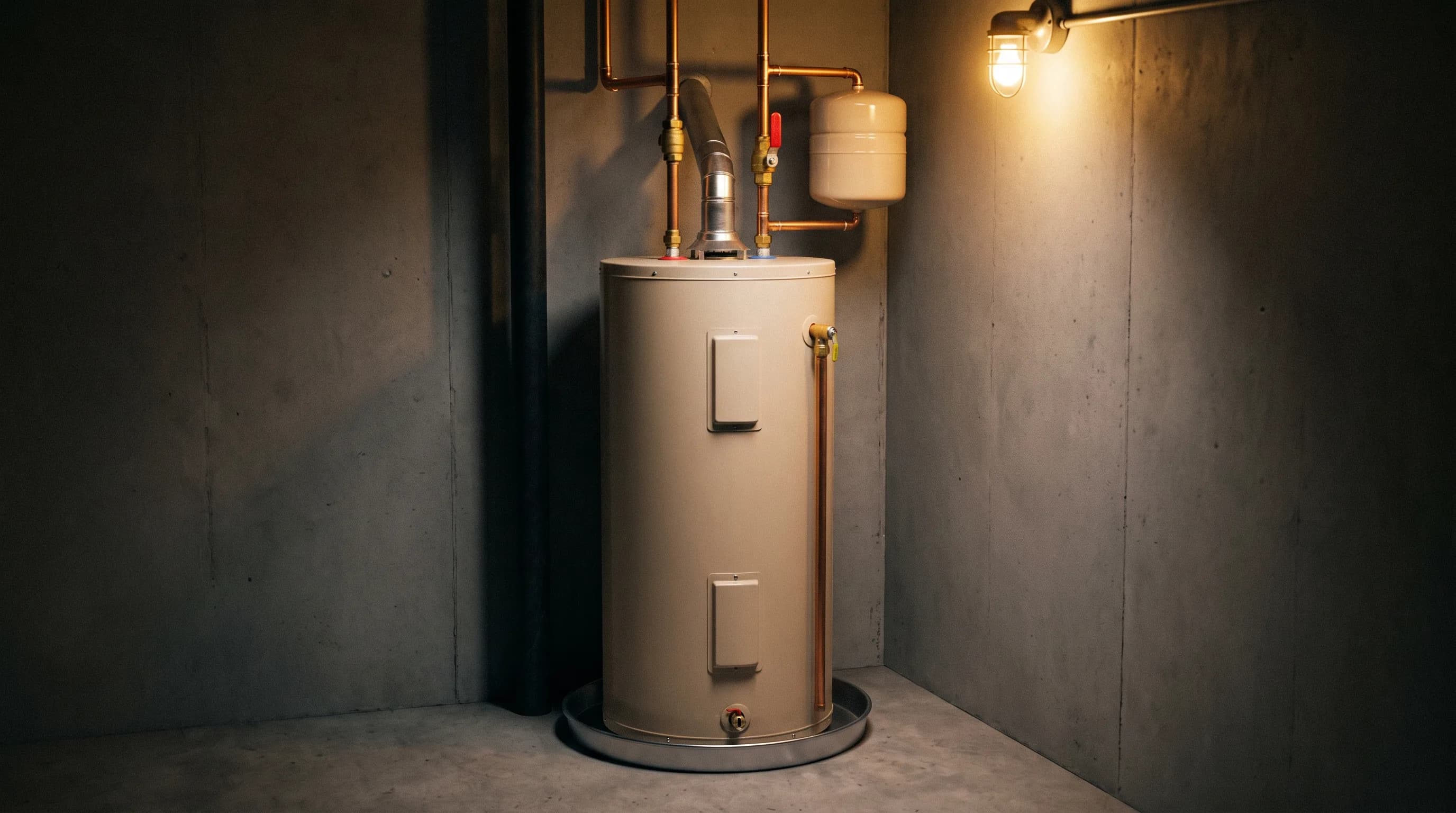 Tank water heater set in a tidy basement corner with copper supplies, expansion tank, and drain pan