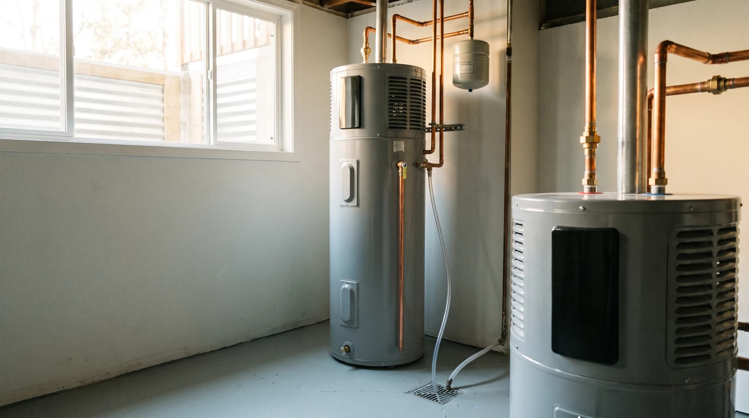 Modern hybrid heat pump water heater with copper unions and expansion tank in a bright basement corner